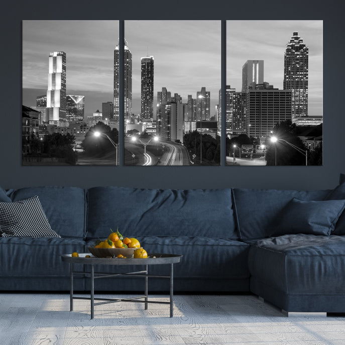 Atlanta City Cloudy Skyline Black and White Cityscape Canvas Print