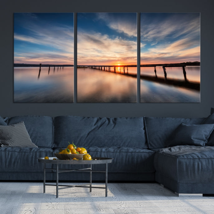 Wooden Pier at Sunset Seascape Wall Art Canvas Print for Home Office Decor