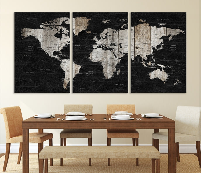 Black Push Pin World Map Detailed Framed Wall Art Canvas Print