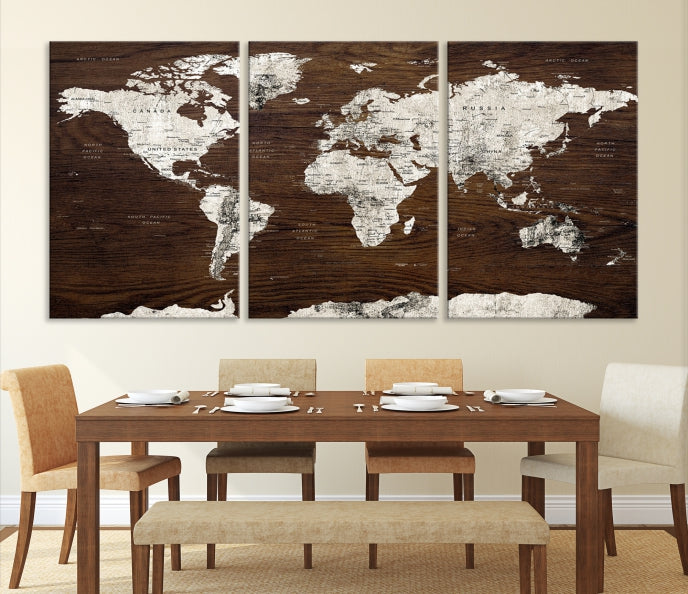 White Coloured World Map on Brown Background Large Canvas Print Wall Art