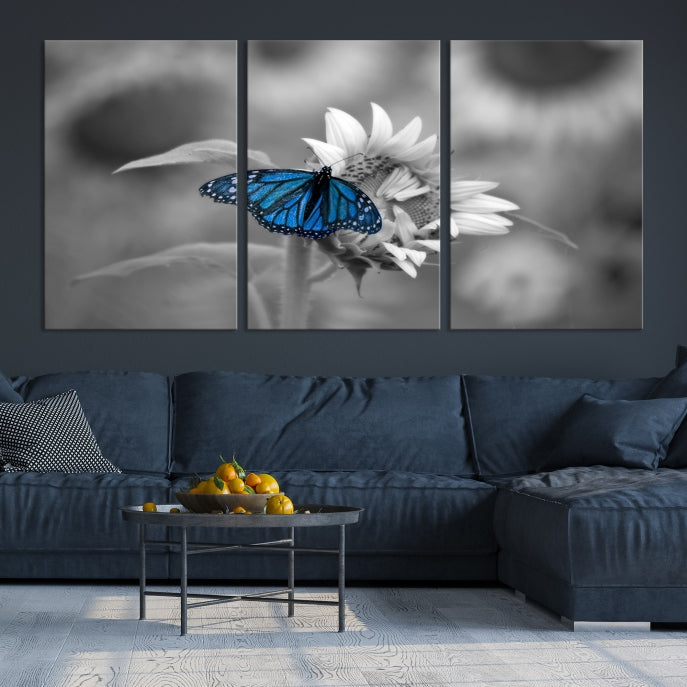 Pretty Blue Butterfly Black and White Canvas Wall Art Print Framed Ready to Hang