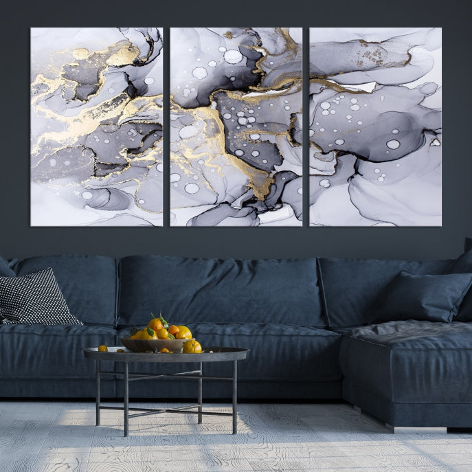 Gray Gold Abstract Painting on Giclee Canvas Wall Art Print Framed