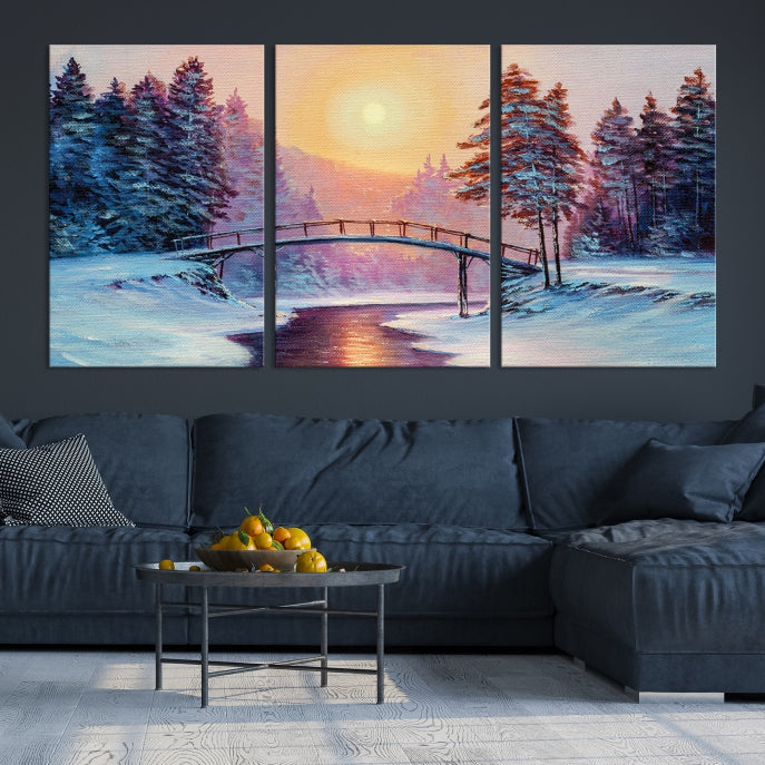 Beautiful Winter Landscape Painting Snowy Bridge Giclee Canvas Extra Large Wall Art Print