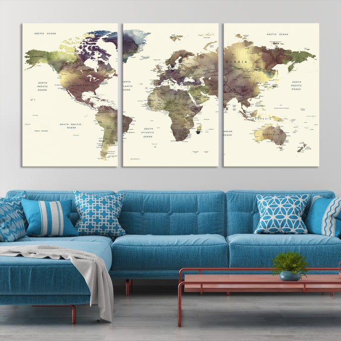 Vivid Colors Detailed World Map Wall Art Push Pin Travel Map Canvas Print