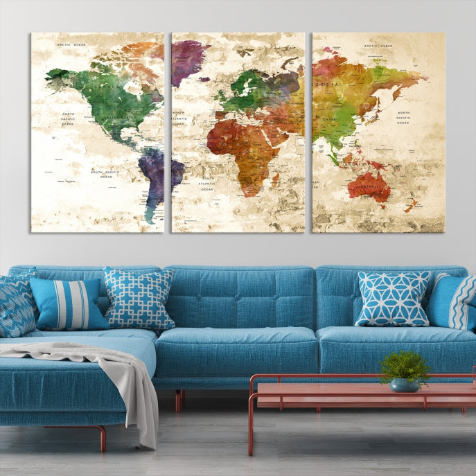 Push Pin World Map Canvas Print with Brownish Background Extra Large Framed Map Poster