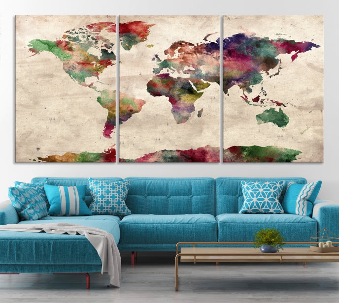 Colorful Watercolor World Map Framed Canvas Wall Art Giclee Print