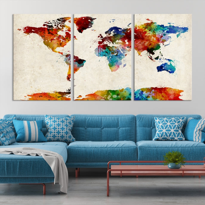 Large Wall Art World Map Watercolor Canvas Print