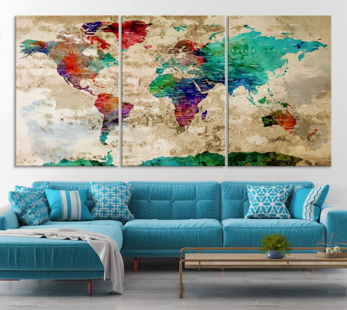 Multi Panel World Map with Push Pins Detailed Map Canvas Wall Art Print