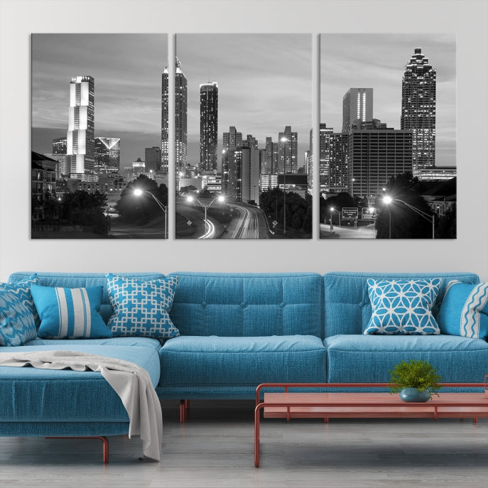 Atlanta City Cloudy Skyline Black and White Cityscape Canvas Print
