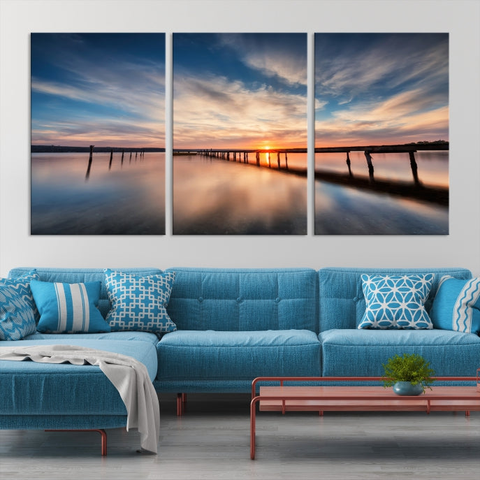 Wooden Pier at Sunset Seascape Wall Art Canvas Print for Home Office Decor