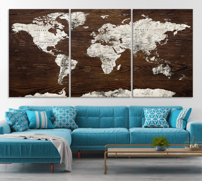 White Coloured World Map on Brown Background Large Canvas Print Wall Art