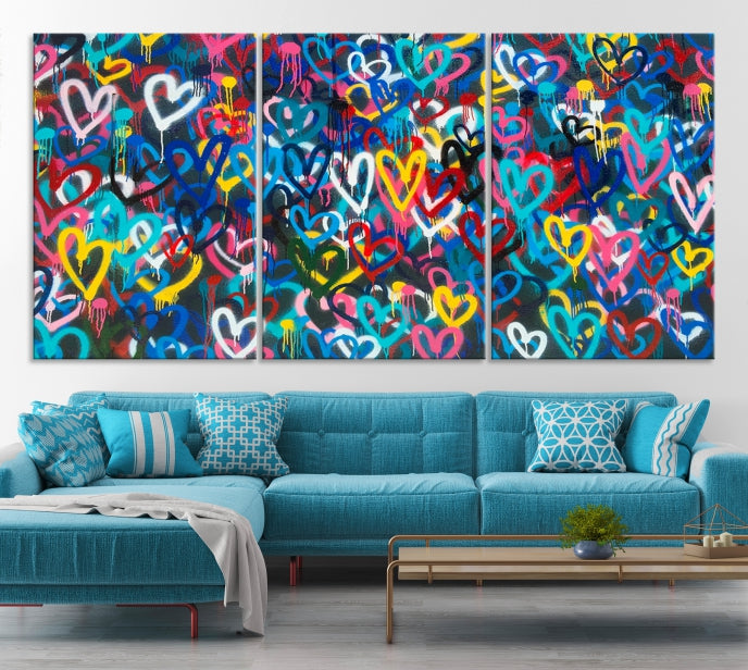 Colorful Hearts Abstract Painting Large Wall Art Canvas Print