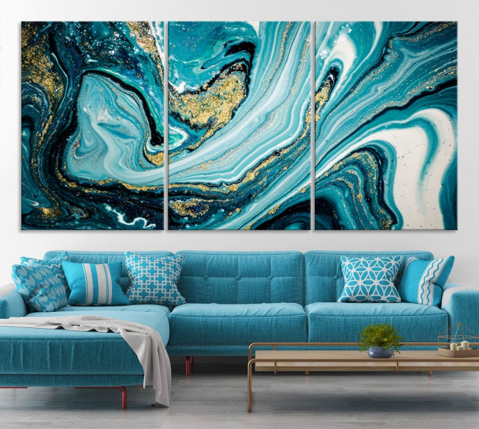 Turquoise Gold Marble Modern Abstract Painting Large Canvas Wall Art Giclee Print