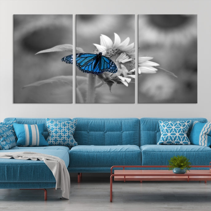 Pretty Blue Butterfly Black and White Canvas Wall Art Print Framed Ready to Hang