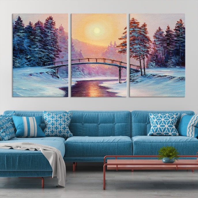 Beautiful Winter Landscape Painting Snowy Bridge Giclee Canvas Extra Large Wall Art Print