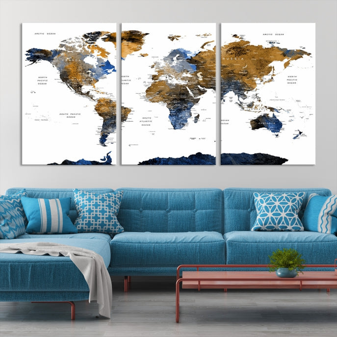 Push Pin Watercolor World Map Framed Canvas Wall Art Print