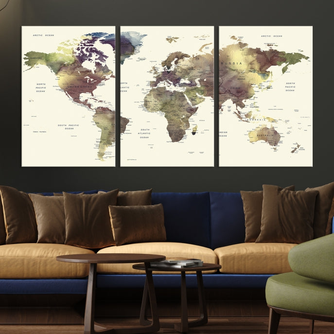 Vivid Colors Detailed World Map Wall Art Push Pin Travel Map Canvas Print