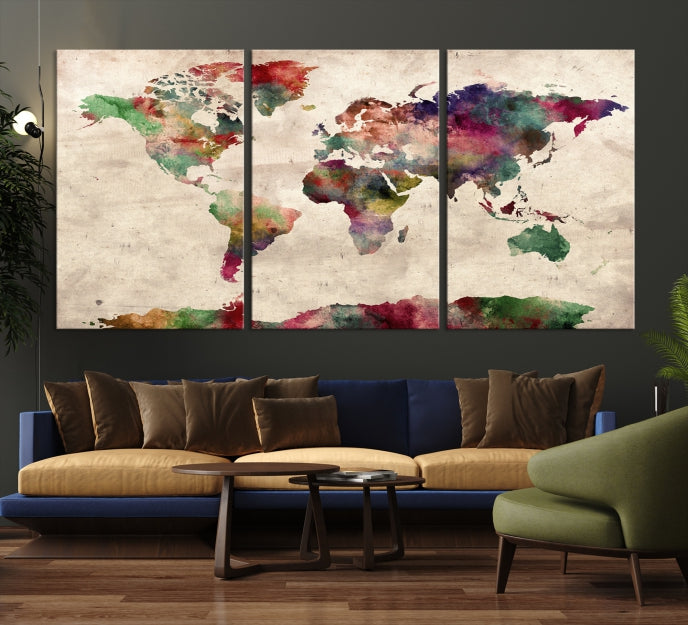 Colorful Watercolor World Map Framed Canvas Wall Art Giclee Print