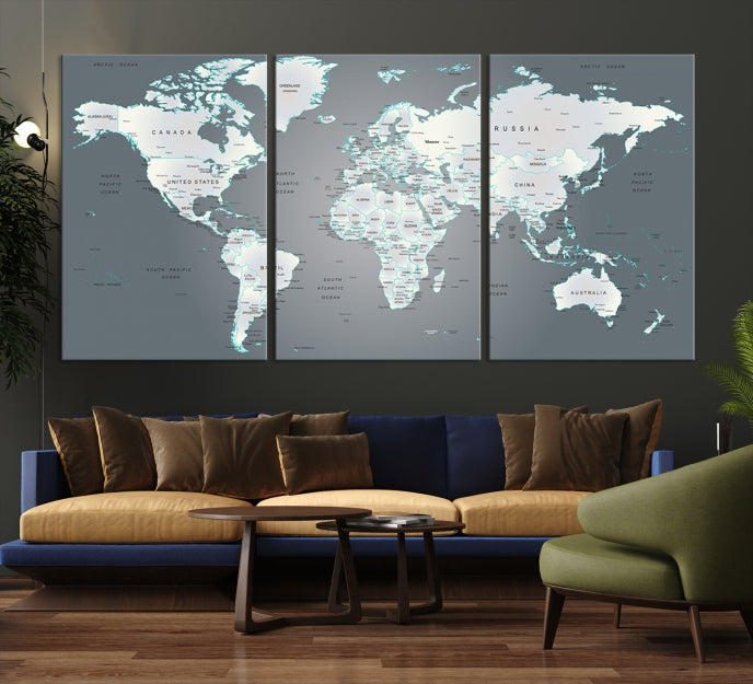 Gray World Map Push Pin Travel Map Canvas Wall Art Giclee Print