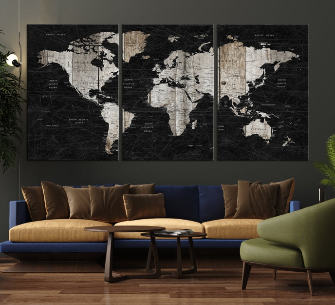 Black Push Pin World Map Detailed Framed Wall Art Canvas Print