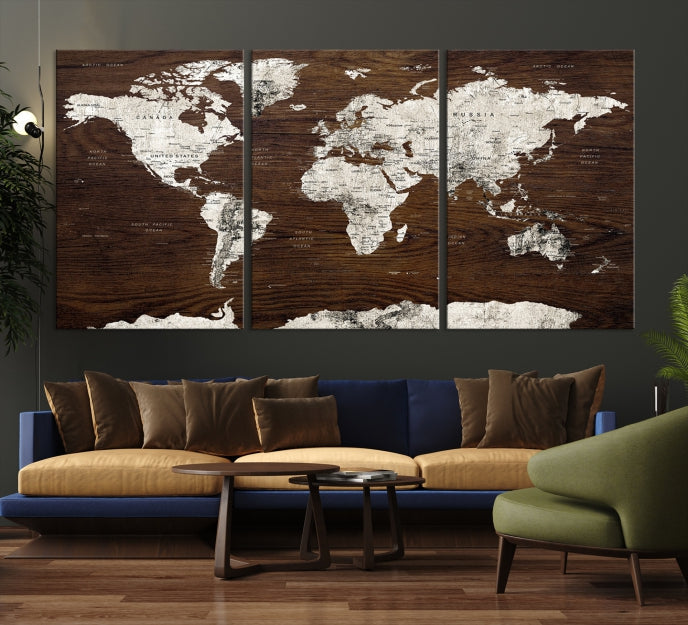 White Coloured World Map on Brown Background Large Canvas Print Wall Art