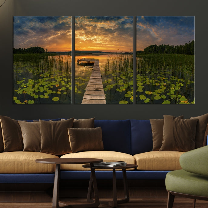 Flowers and Sunset at Lake Wall Art Natural Landscape Canvas Print