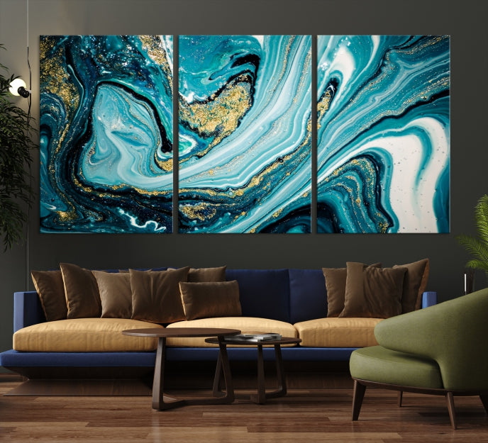 Turquoise Gold Marble Modern Abstract Painting Large Canvas Wall Art Giclee Print