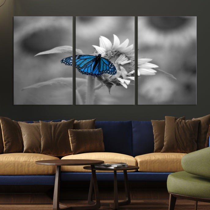 Pretty Blue Butterfly Black and White Canvas Wall Art Print Framed Ready to Hang