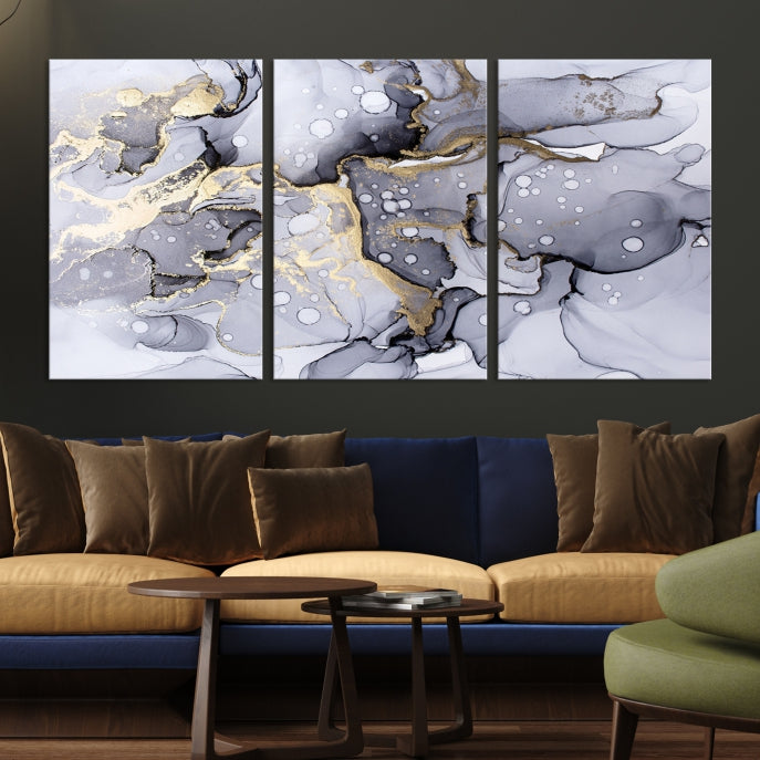 Gray Gold Abstract Painting on Giclee Canvas Wall Art Print Framed