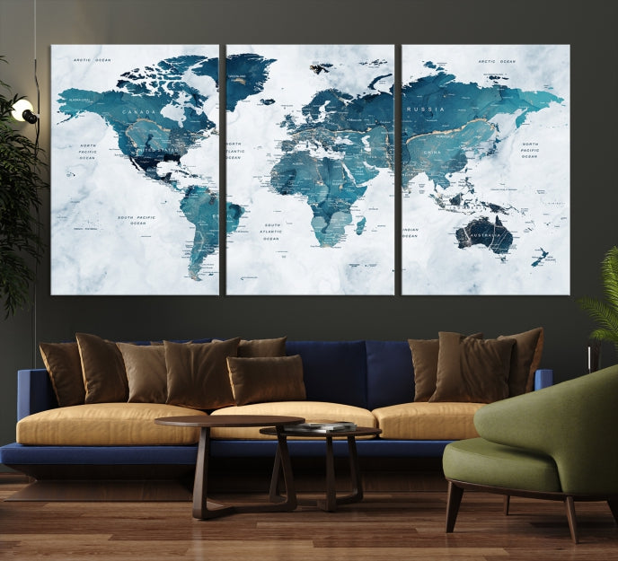 Blue World Map Extra Large Wall Art Canvas Print