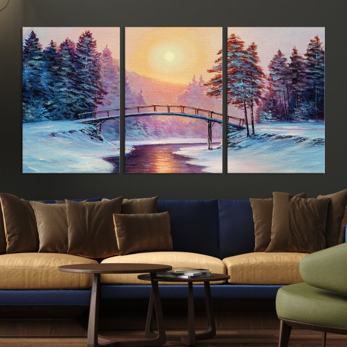 Beautiful Winter Landscape Painting Snowy Bridge Giclee Canvas Extra Large Wall Art Print