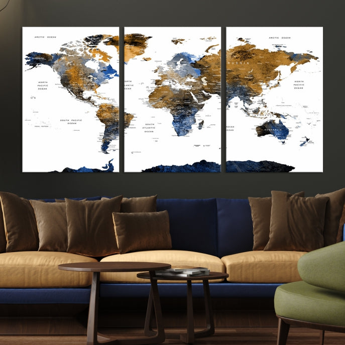 Push Pin Watercolor World Map Framed Canvas Wall Art Print