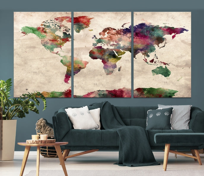 Colorful Watercolor World Map Framed Canvas Wall Art Giclee Print