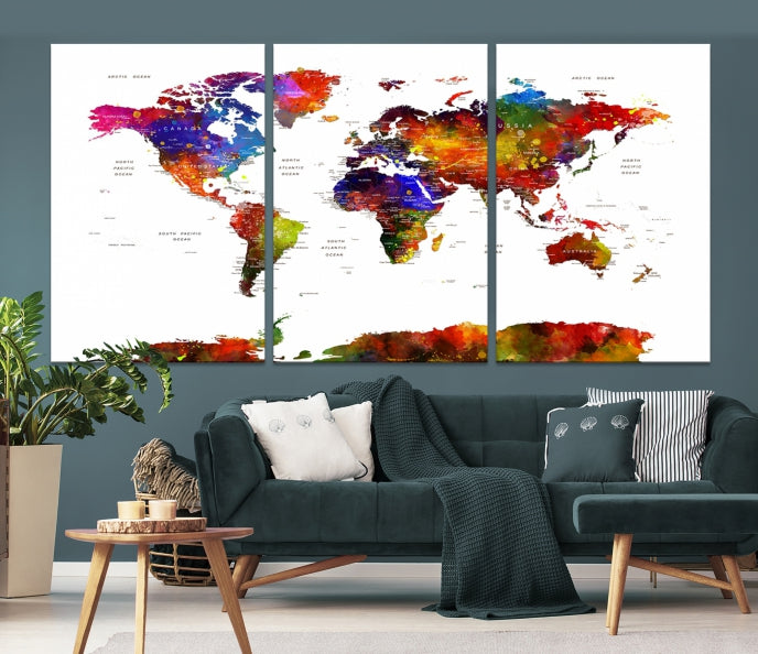 Extra Large Colorful World Map Framed Canvas Wall Art Print