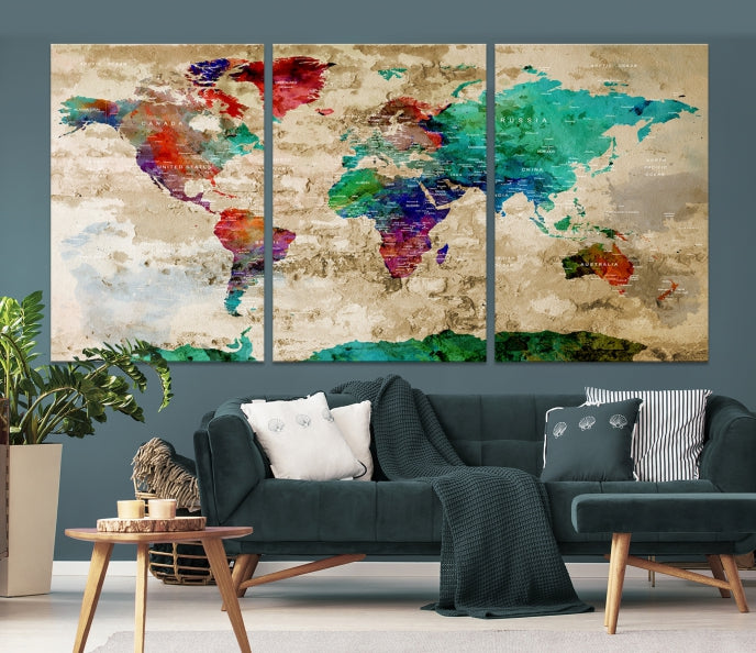 Multi Panel World Map with Push Pins Detailed Map Canvas Wall Art Print