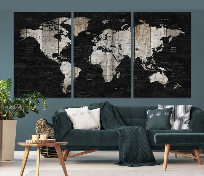 Black Push Pin World Map Detailed Framed Wall Art Canvas Print