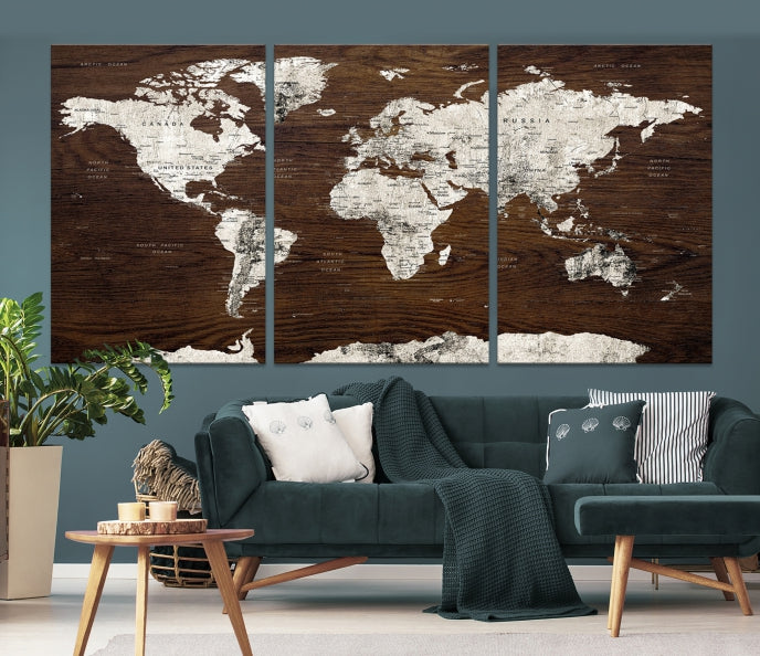 White Coloured World Map on Brown Background Large Canvas Print Wall Art