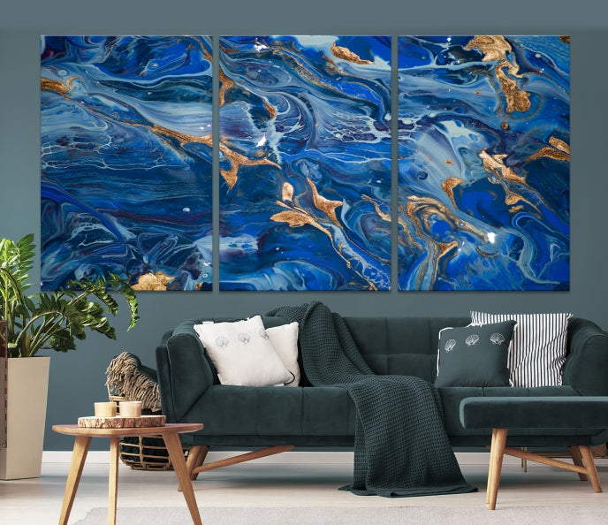 Navy Blue Marble Fluid Effect Abstract Painting Canvas Wall Art Giclee Print