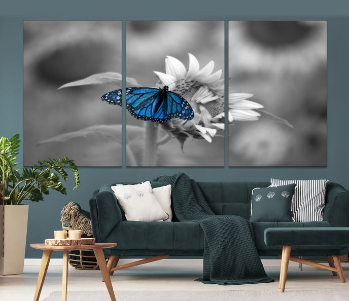 Pretty Blue Butterfly Black and White Canvas Wall Art Print Framed Ready to Hang