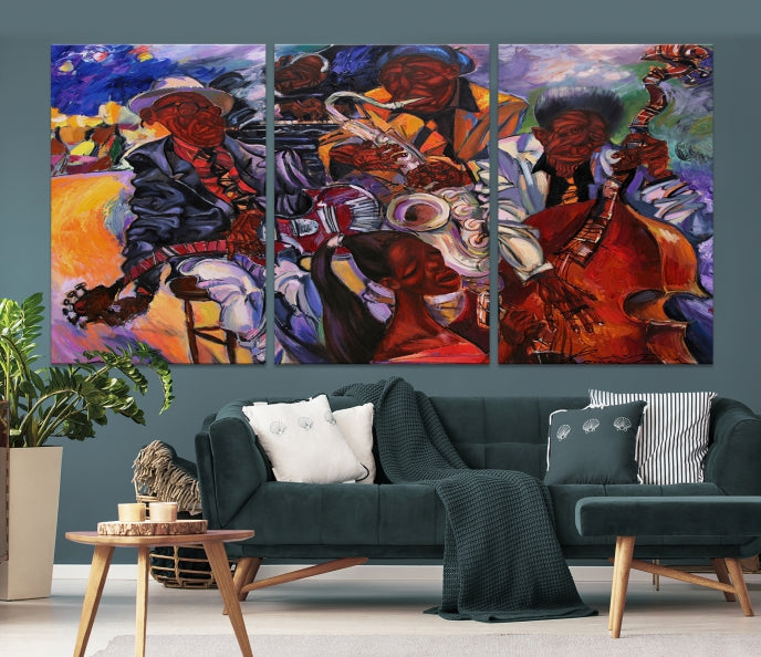 African American Jazz Mucisian Orchestra Abstract Painting on Giclee Canvas Wall Art Print