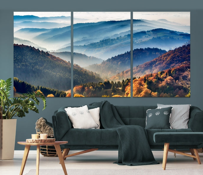 Mountain Misty Forest Foggy Autumn Framed Canvas Wall Art Giclee Print