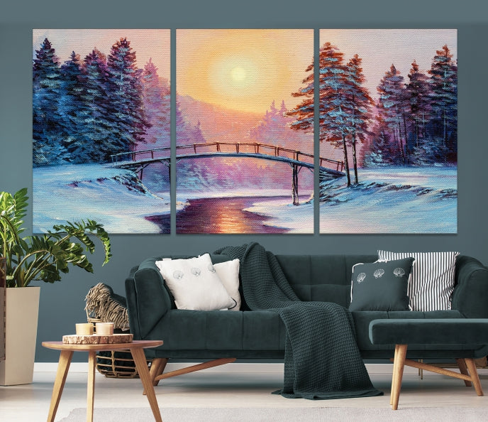 Beautiful Winter Landscape Painting Snowy Bridge Giclee Canvas Extra Large Wall Art Print