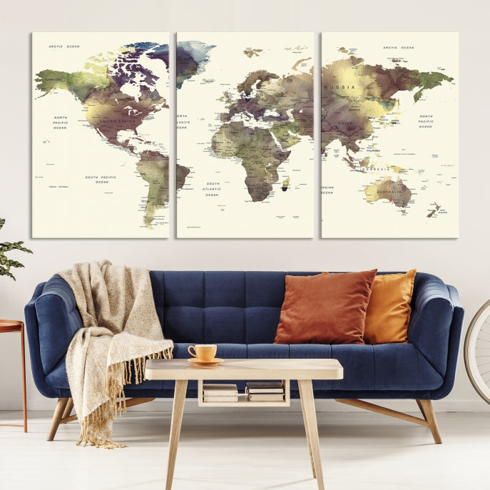 Vivid Colors Detailed World Map Wall Art Push Pin Travel Map Canvas Print