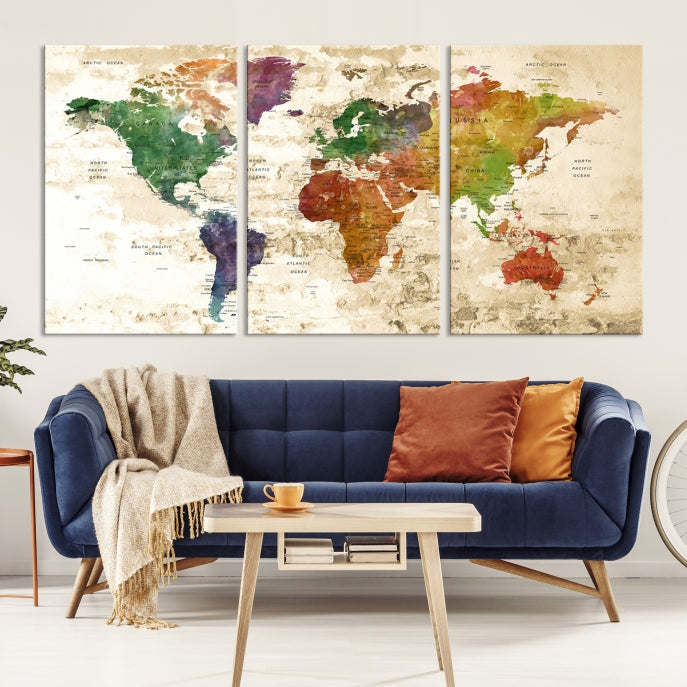 Push Pin World Map Canvas Print with Brownish Background Extra Large Framed Map Poster