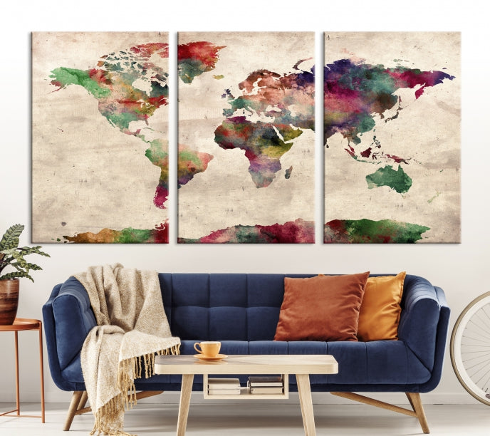 Colorful Watercolor World Map Framed Canvas Wall Art Giclee Print