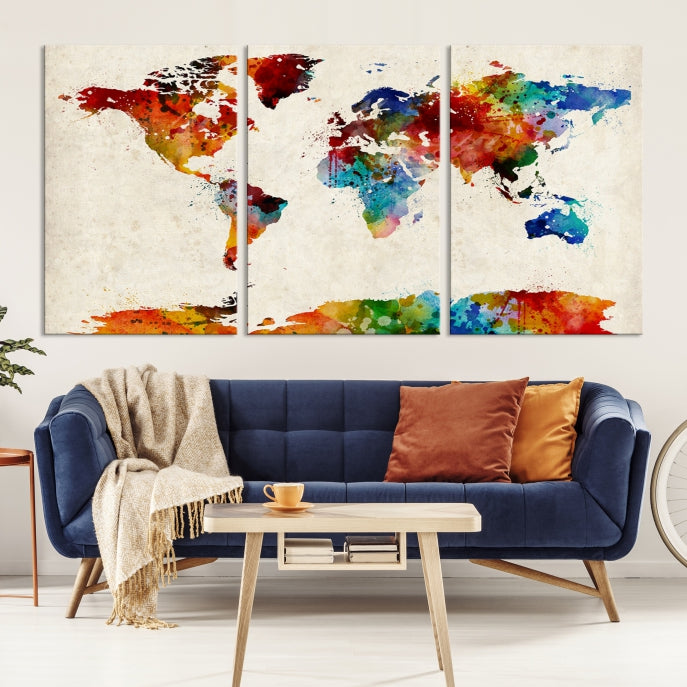 Large Wall Art World Map Watercolor Canvas Print