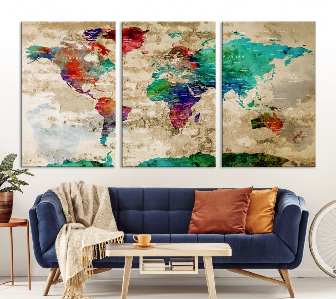 Multi Panel World Map with Push Pins Detailed Map Canvas Wall Art Print