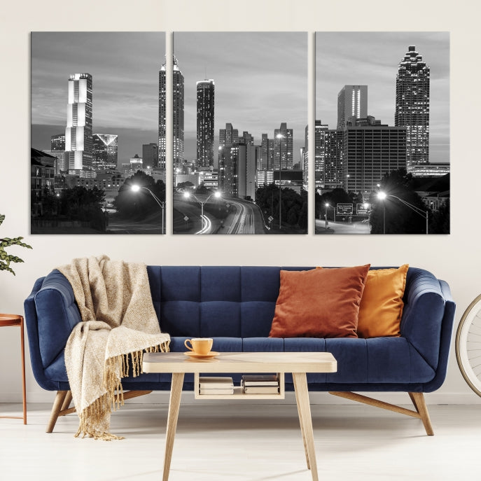 Atlanta City Cloudy Skyline Black and White Cityscape Canvas Print