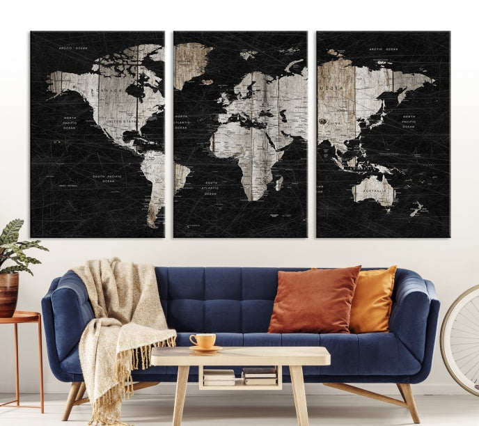 Black Push Pin World Map Detailed Framed Wall Art Canvas Print