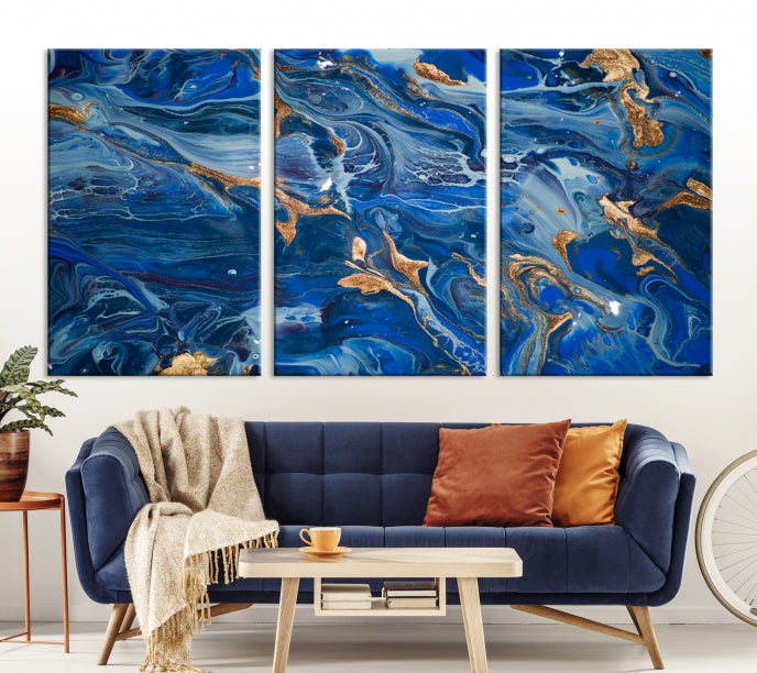 Navy Blue Marble Fluid Effect Abstract Painting Canvas Wall Art Giclee Print